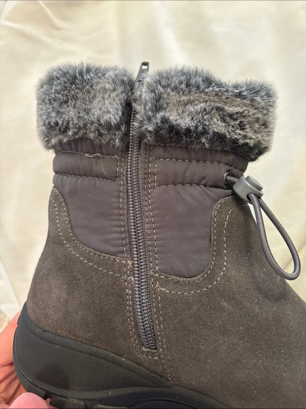 Lands' End Women's Gray Suede Faux-Fur Cuff Ankle Snow Boots